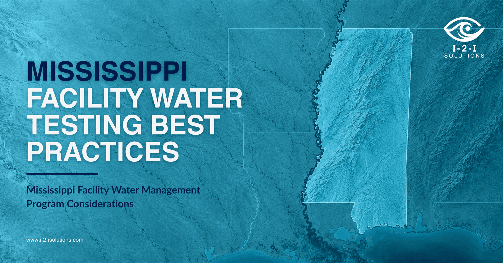 Illustration representing water management in Mississippi facilities, highlighting building water systems, environmental water testing, Legionella risk management, routine monitoring, and water quality management.