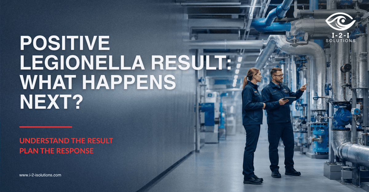 Facility team reviewing a positive Legionella laboratory result and planning corrective action and follow-up water testing.