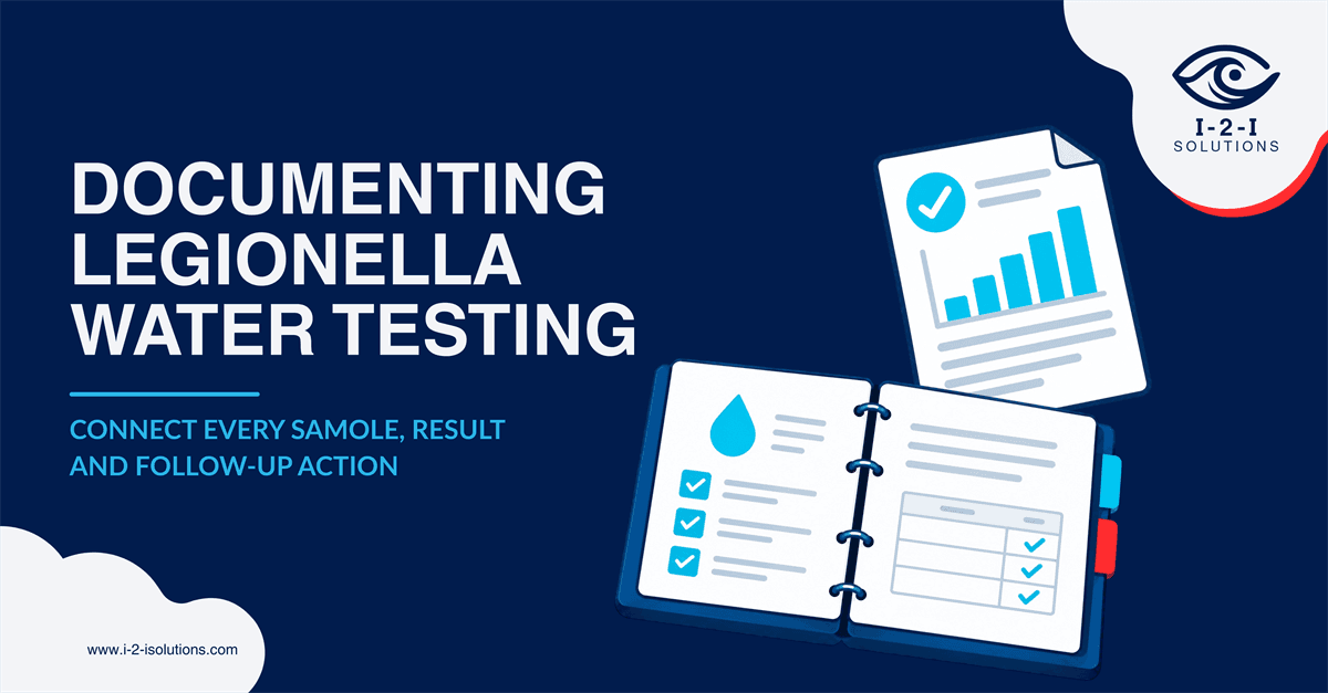 Healthcare water sampling professional documenting a Legionella water testing sample at a facility outlet